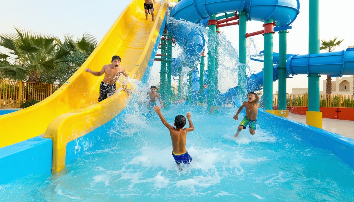 Children playing in interactive aqua playground at AquaQuest Adventure Park Dubai