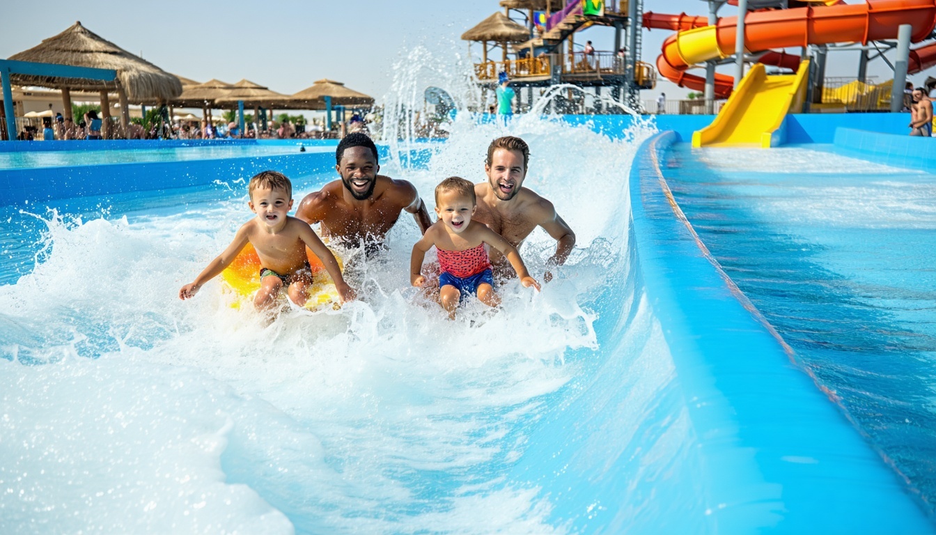 Family enjoying the wave pool at AquaQuest Adventure Park Dubai