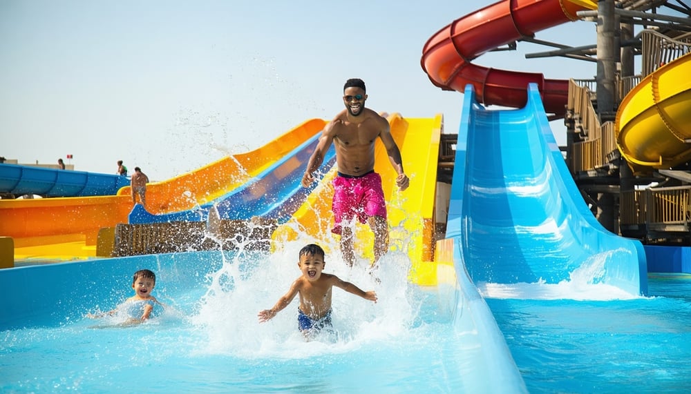 Families enjoying water slides and activities at AquaQuest Adventure Park Dubai Families enjoying water slides and activities at AquaQuest Adventure Park Dubai