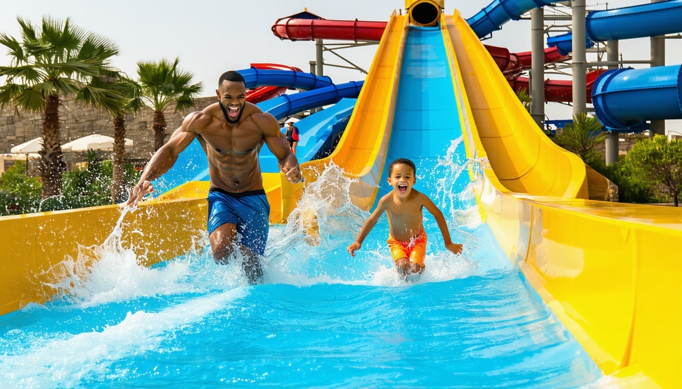 Family enjoying water slides at AquaQuest Adventure Park Dubai