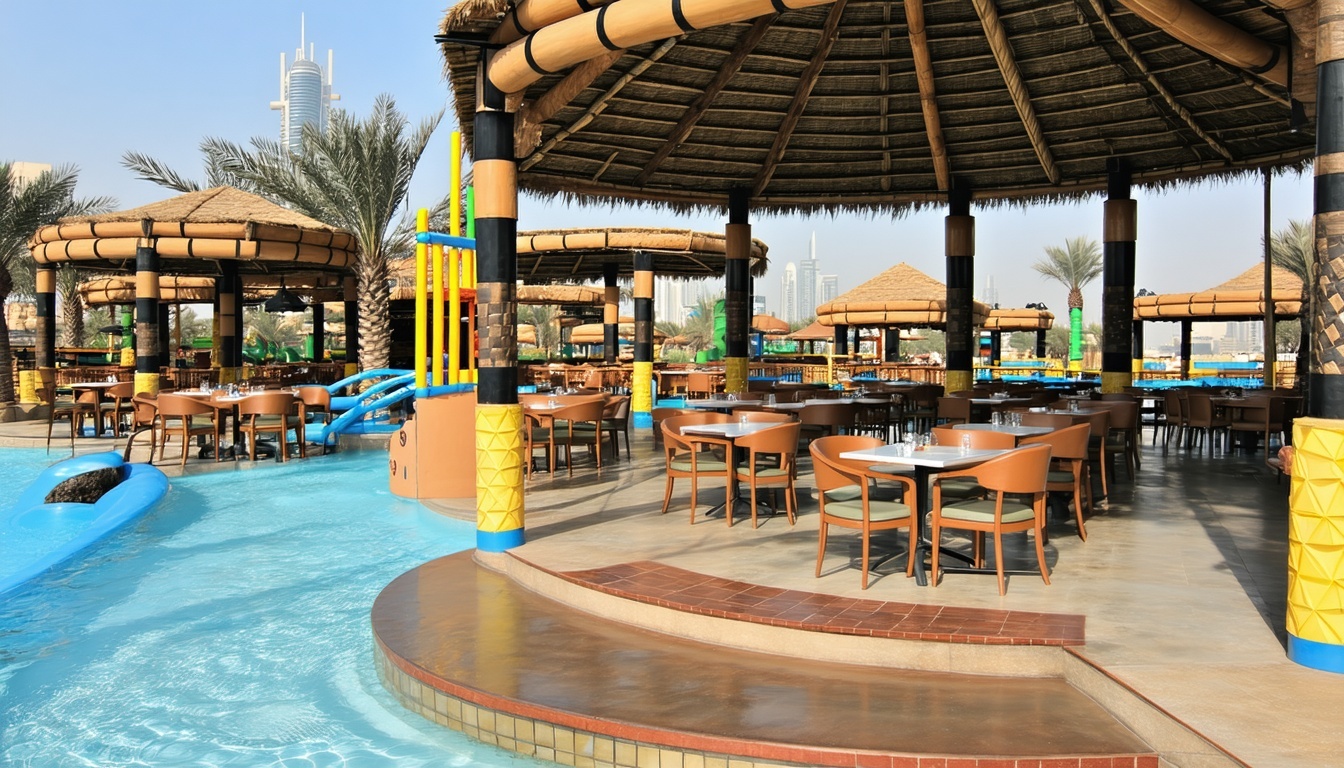 Relaxing cabanas and dining at AquaQuest Adventure Park Dubai