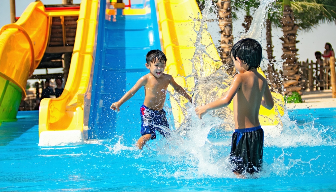 Children playing in interactive water playground at AquaQuest Adventure Park Dubai